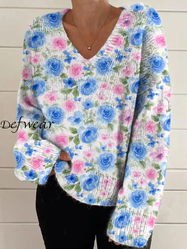 Elegant Retro Floral Print Vintage Chic V-Neck Long Sleeve Thick Knit Sweater A / S