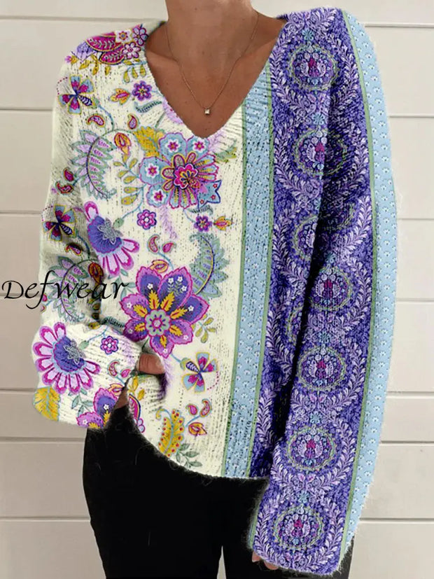 Elegant Retro Floral Print Vintage Chic V-Neck Long Sleeve Thick Knit Sweater A / S