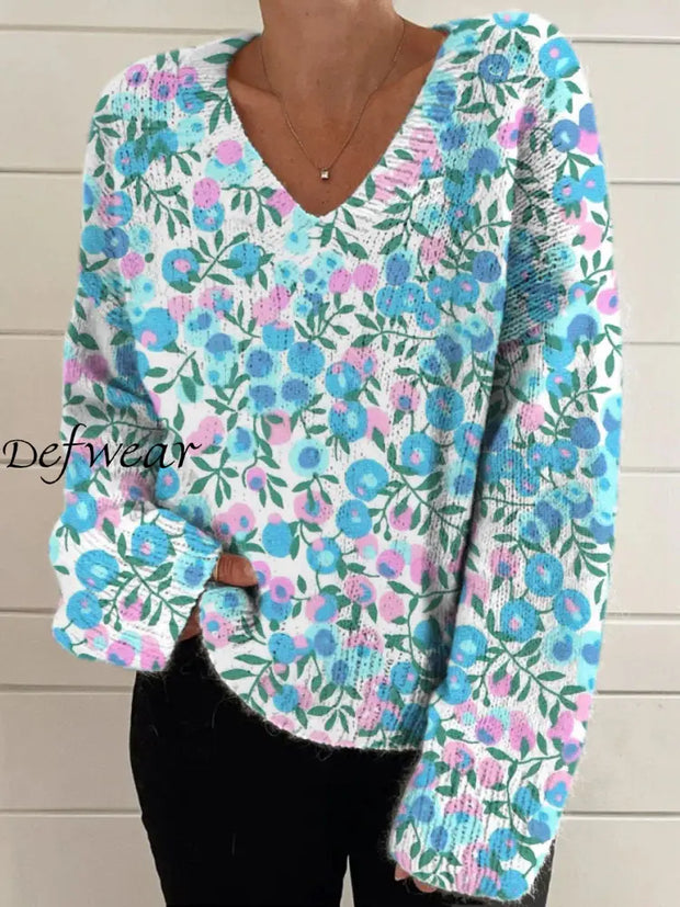 Elegant Retro Floral Print Vintage Chic V-Neck Long Sleeve Thick Knit Sweater A / S