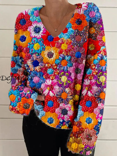 Elegant Retro Floral Print Vintage Chic V-Neck Long Sleeve Thick Knit Sweater A / S