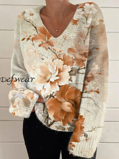 Elegant Retro Floral Print Vintage Chic V-Neck Long Sleeve Thick Knit Sweater A / S