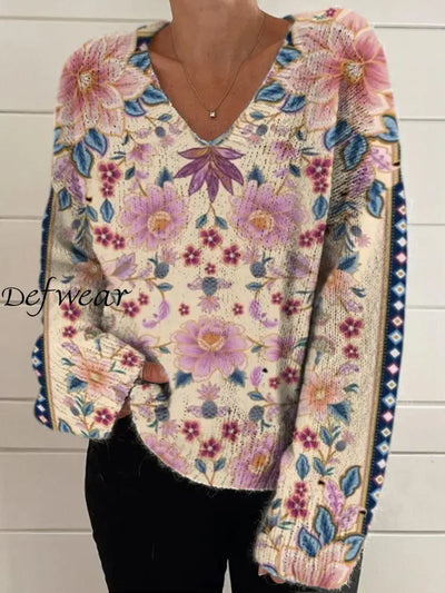 Elegant Retro Floral Print Vintage Chic V-Neck Long Sleeve Thick Knit Sweater A / S