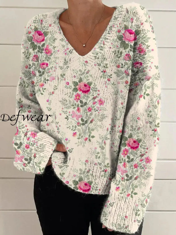 Elegant Retro Floral Print Vintage Chic V-Neck Long Sleeve Thick Knit Sweater A / S