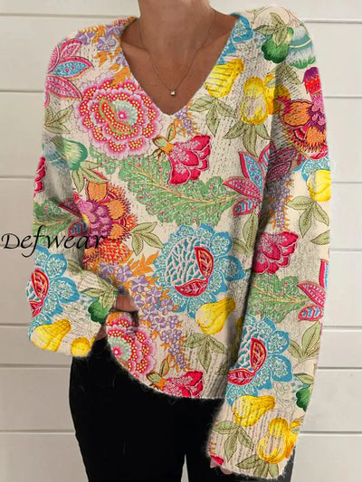 Elegant Retro Floral Print Vintage Chic V-Neck Long Sleeve Thick Knit Sweater A / S