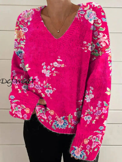 Elegant Retro Floral Print Vintage Chic V-Neck Long Sleeve Thick Knit Sweater A / S