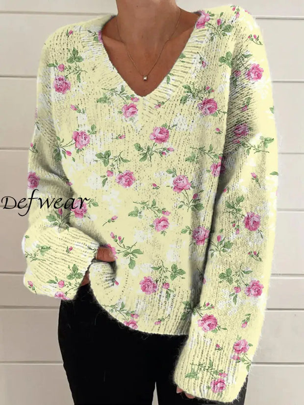 Elegant Retro Floral Print Vintage Chic V-Neck Long Sleeve Thick Knit Sweater A / S