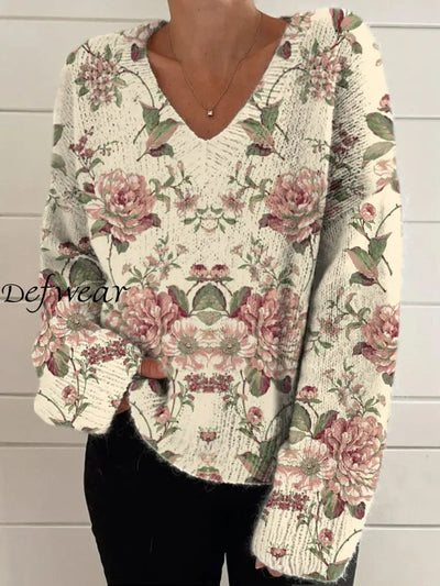 Elegant Retro Floral Print Vintage Chic V-Neck Long Sleeve Thick Knit Sweater A / S