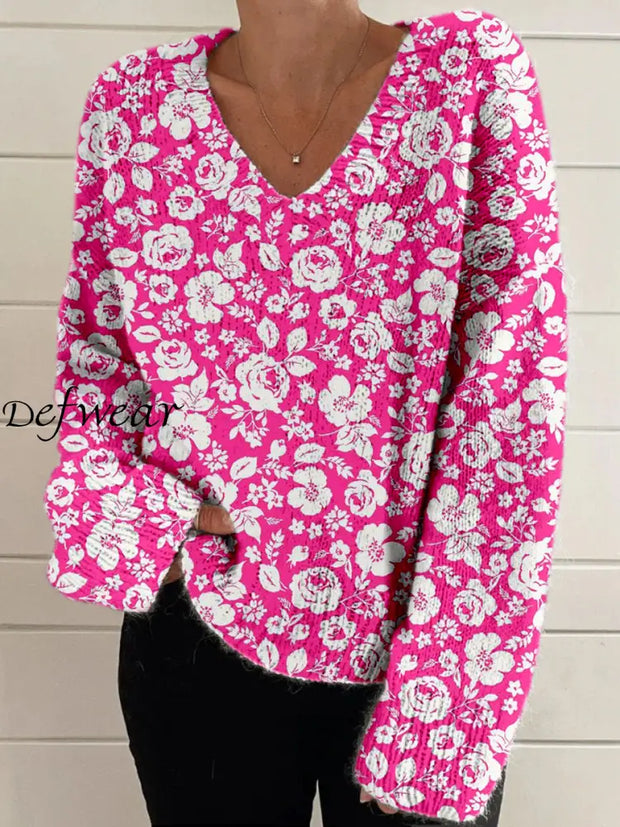 Elegant Retro Floral Print Vintage Chic V-Neck Long Sleeve Thick Knit Sweater A / S