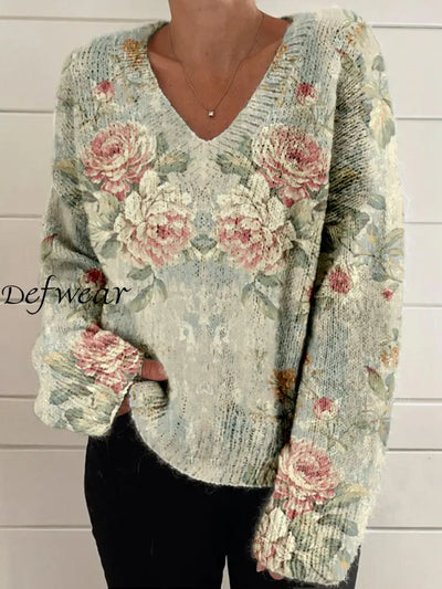 Elegant Retro Floral Print Vintage Chic V-Neck Long Sleeve Thick Knit Sweater A / S