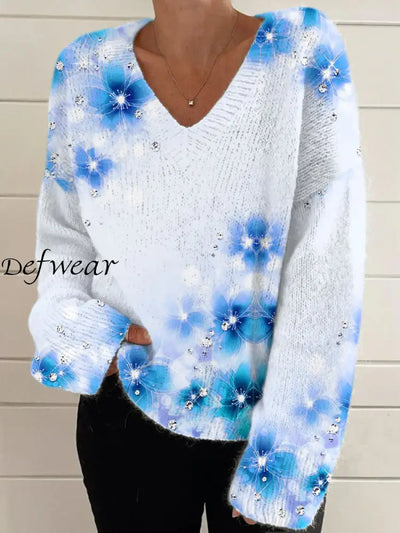 Elegant Retro Floral Print Vintage Chic V-Neck Long Sleeve Thick Knit Sweater A / S