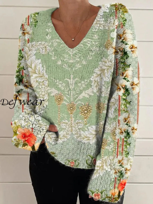 Elegant Retro Floral Print Vintage Chic V-Neck Long Sleeve Thick Knit Sweater A / S