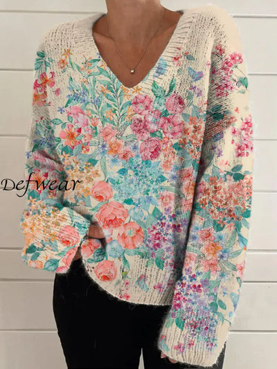 Elegant Retro Floral Print Vintage Chic V-Neck Long Sleeve Thick Knit Sweater A / S