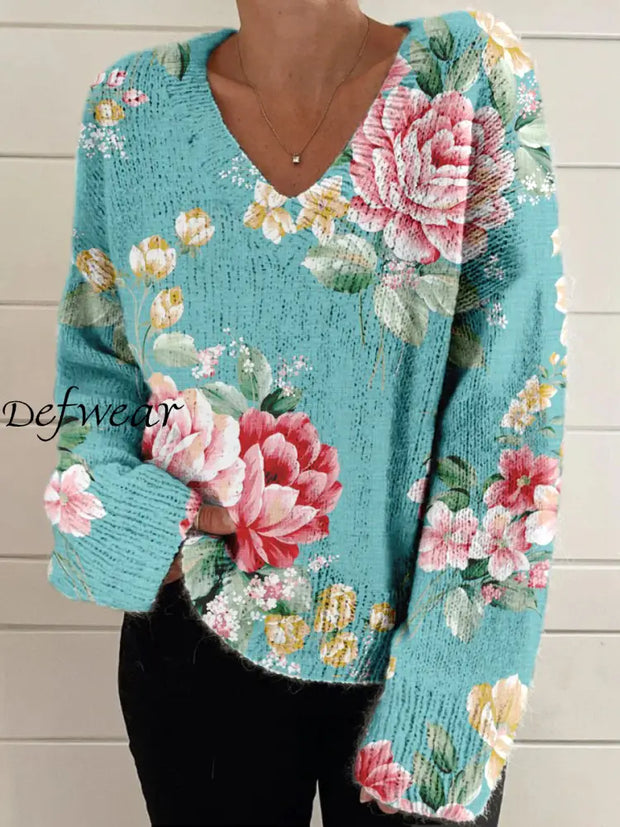 Elegant Retro Floral Print Vintage Chic V-Neck Long Sleeve Thick Knit Sweater A / S