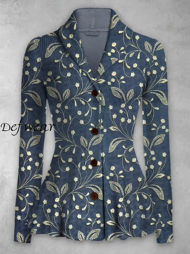 Elegant Retro Floral Printed Lapel V-Neck Button Up Texture Long-Sleeved Top A / S