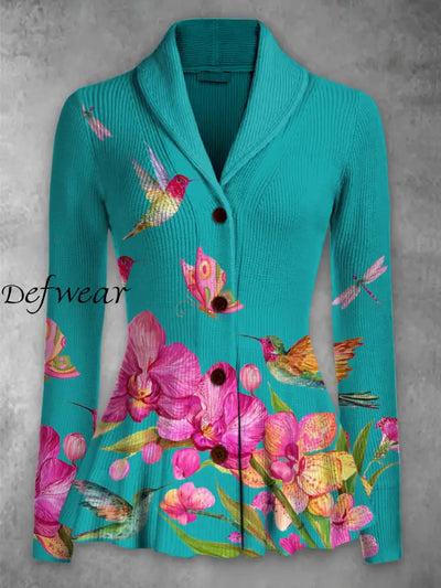 Elegant Retro Floral Printed Lapel V-Neck Button Up Thick Knit Long-Sleeved Cardigan Top A / S