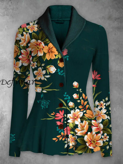 Elegant Retro Floral Printed Lapel V-Neck Button Up Thick Knit Long-Sleeved Cardigan Top A / S