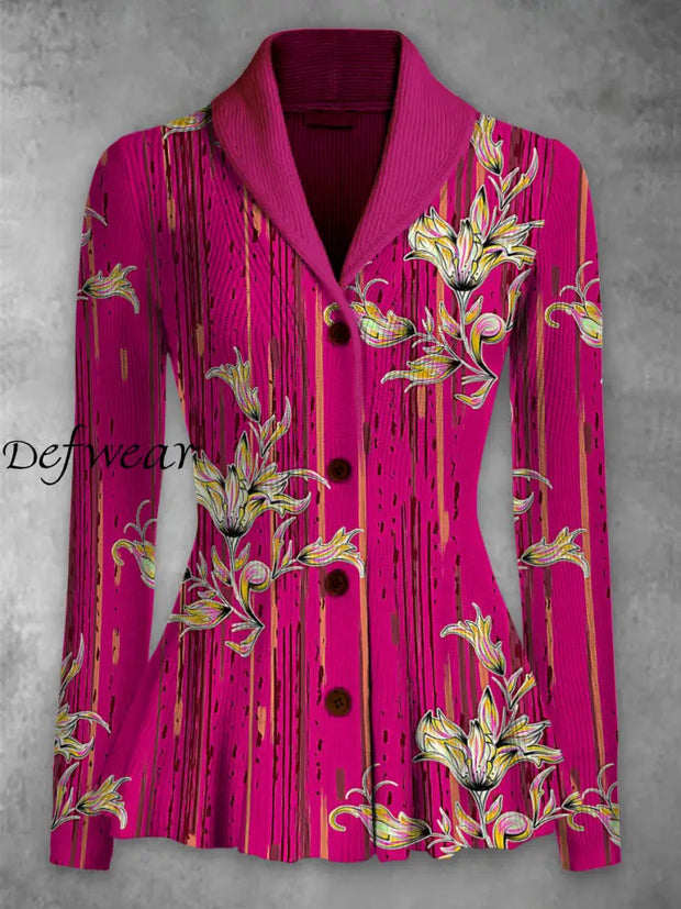 Elegant Retro Floral Printed Lapel V-Neck Button Up Thick Knit Long-Sleeved Cardigan Top A / S