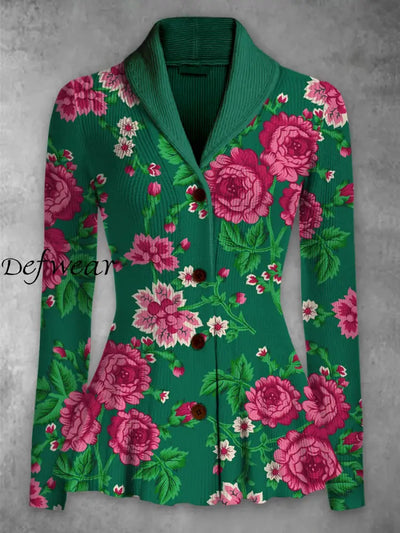 Elegant Retro Floral Printed Lapel V-Neck Button Up Thick Knit Long-Sleeved Cardigan Top A / S