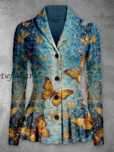 Elegant Retro Floral Printed Lapel V-Neck Button Up Thick Knit Long-Sleeved Cardigan Top A / S