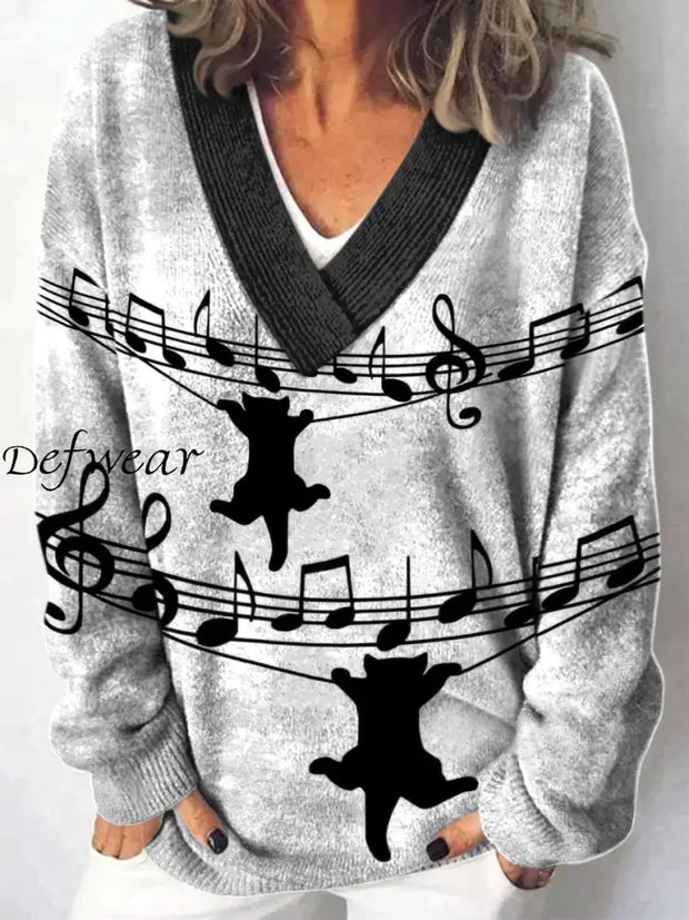 Elegant Retro Floral Printed V-Neck Casual Comfortable Long-Sleeved Loose Sweatshirt