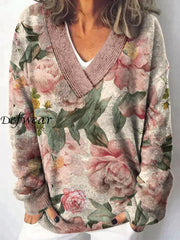 Elegant Retro Floral Printed V-Neck Casual Comfortable Long-Sleeved Loose Sweatshirt