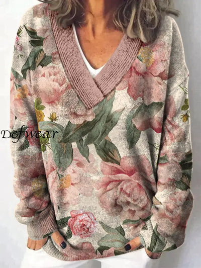 Elegant Retro Floral Printed V-Neck Casual Comfortable Long-Sleeved Loose Sweatshirt