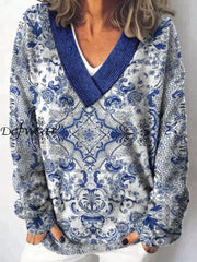 Elegant Retro Floral Printed V-Neck Casual Comfortable Long-Sleeved Loose Sweatshirt