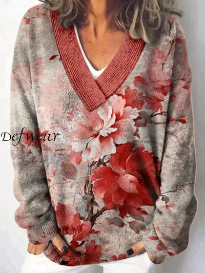 Elegant Retro Floral Printed V-Neck Casual Comfortable Long-Sleeved Loose Sweatshirt A / S