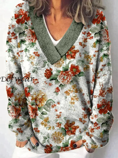 Elegant Retro Floral Printed V-Neck Casual Comfortable Long-Sleeved Loose Sweatshirt A / S