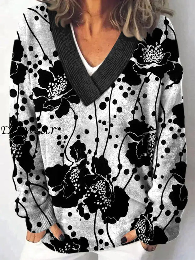 Elegant Retro Floral Printed V-Neck Casual Comfortable Long-Sleeved Loose Sweatshirt A / S