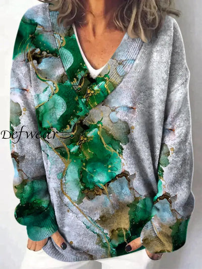 Elegant Retro Floral Printed V-Neck Casual Comfortable Long-Sleeved Loose Sweatshirt A / S