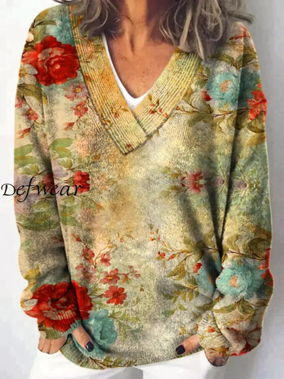 Elegant Retro Floral Printed V-Neck Casual Comfortable Long-Sleeved Loose Sweatshirt A / S