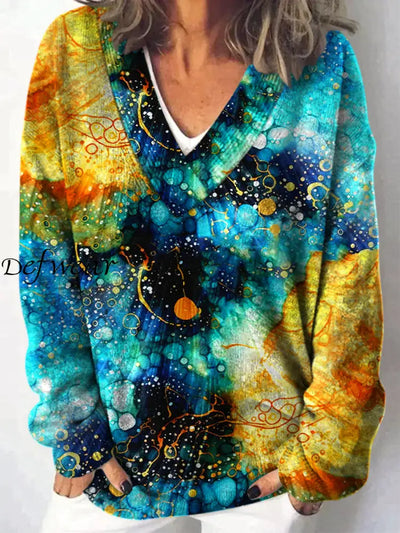 Elegant Retro Floral Printed V-Neck Casual Comfortable Long-Sleeved Loose Sweatshirt A / S