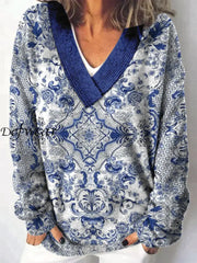 Elegant Retro Floral Printed V-Neck Casual Comfortable Long-Sleeved Loose Sweatshirt A / S