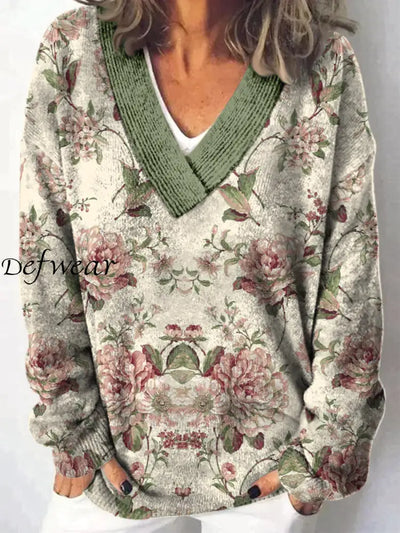 Elegant Retro Floral Printed V-Neck Casual Comfortable Long-Sleeved Loose Sweatshirt A / S