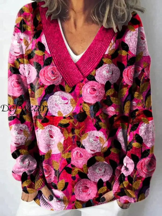 Elegant Retro Floral Printed V-Neck Casual Comfortable Long-Sleeved Loose Sweatshirt A / S