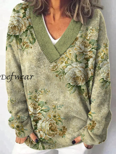 Elegant Retro Floral Printed V-Neck Casual Comfortable Long-Sleeved Loose Sweatshirt A / S