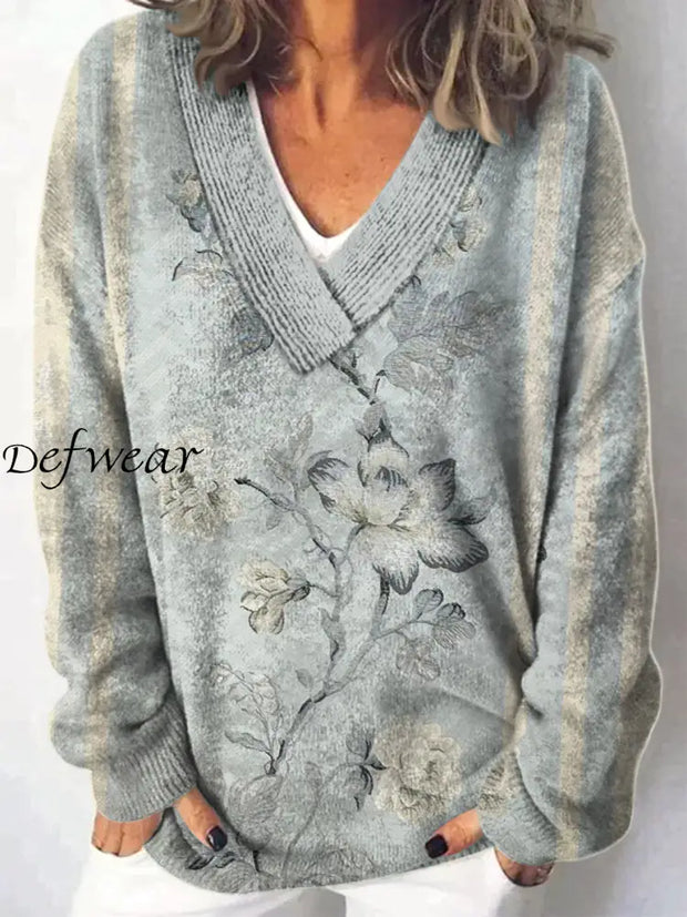 Elegant Retro Floral Printed V-Neck Casual Comfortable Long-Sleeved Loose Sweatshirt A / S