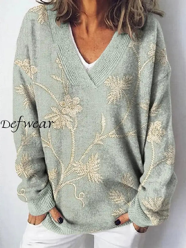 Elegant Retro Floral Printed V-Neck Casual Comfortable Long-Sleeved Loose Sweatshirt A / S