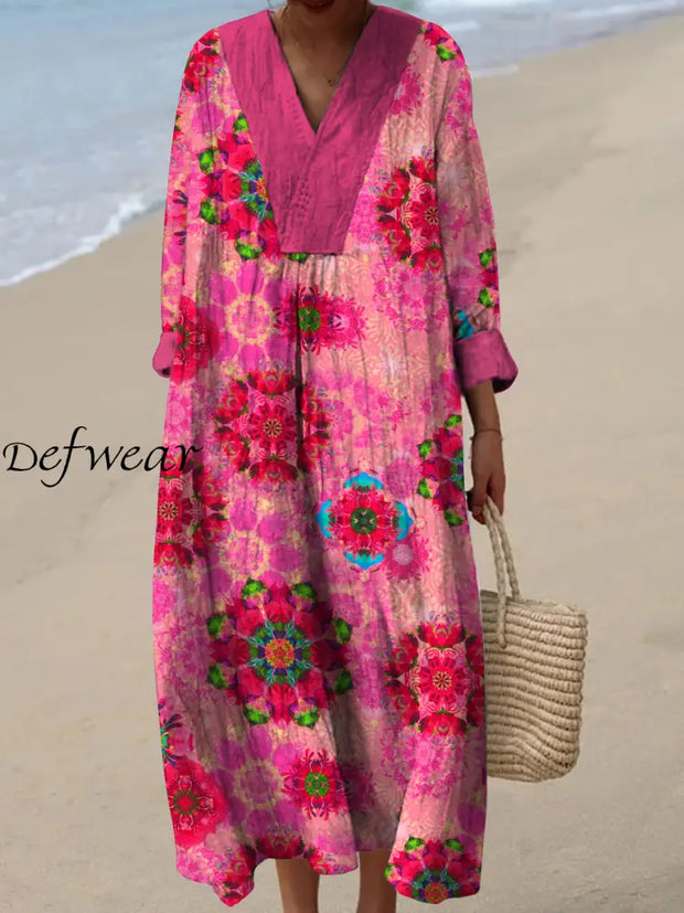 Elegant Retro Floral Printed Wide Edge V-Neck Vintage Loose Long Sleeves Midi Dress A / S