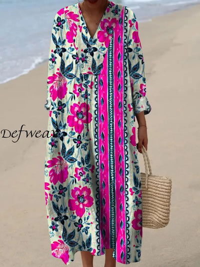 Elegant Retro Floral Printed Wide Edge V-Neck Vintage Loose Long Sleeves Midi Dress A / S