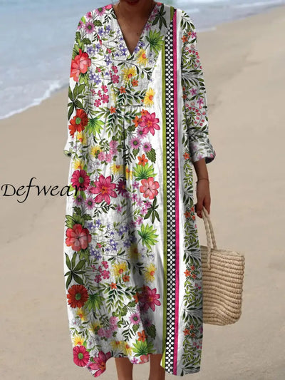 Elegant Retro Floral Printed Wide Edge V-Neck Vintage Loose Long Sleeves Midi Dress A / S