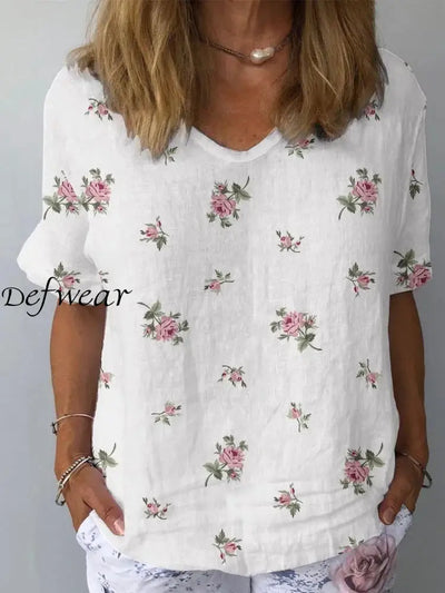 Elegant Rose Flower Pattern V-Neck Retro Loose Short Sleeve Top