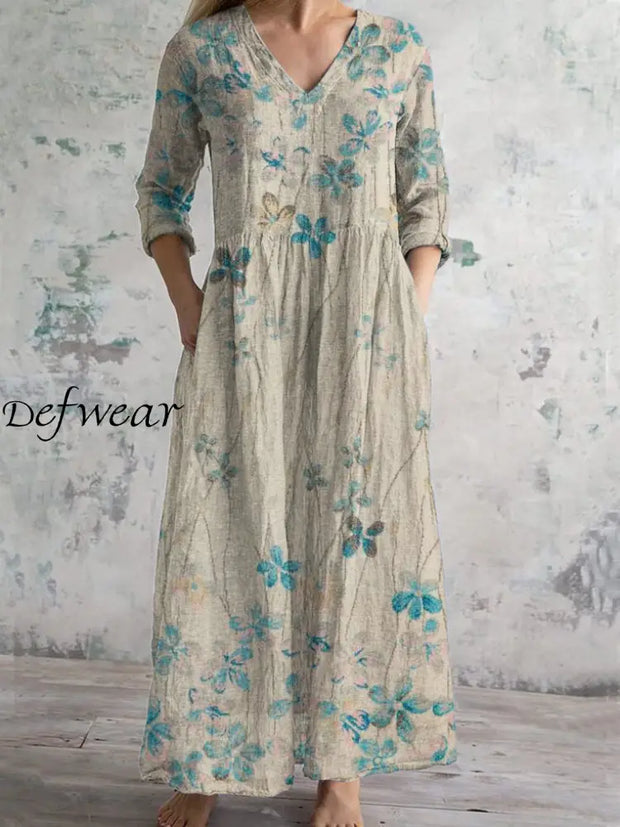 Elegant Vintage Art Print Chic V Neck Three Quarter Sleeve Midi Dress Apricot / S