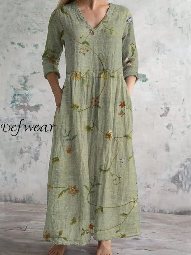 Elegant Vintage Art Print Chic V Neck Three Quarter Sleeve Midi Dress Light Green / S