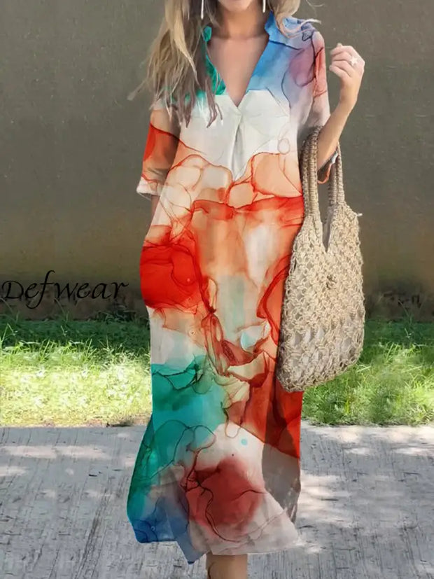 Fantasy Abstract Color Printed V-Neck Elegant Chic Loose Long Sleeve Maxi Dress A / S