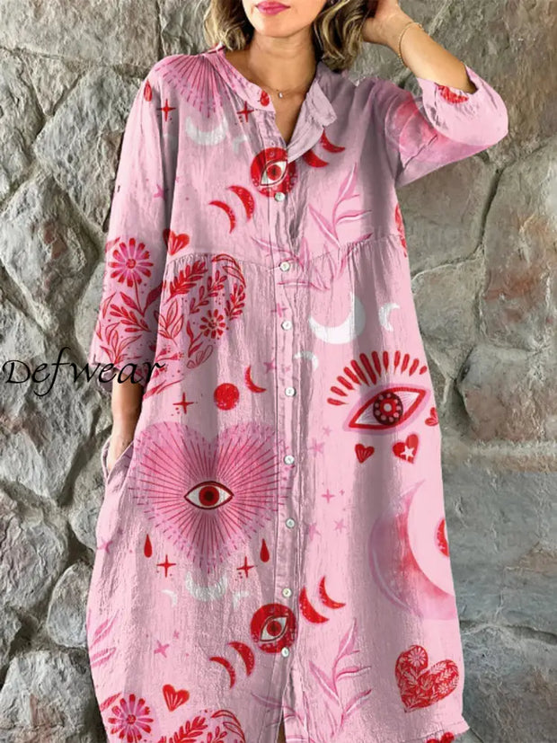 Fashion Love Eye Art Print Chic V-Neck Three-Quarter Sleeve Button Up Elegant Midi Dress Pink / S