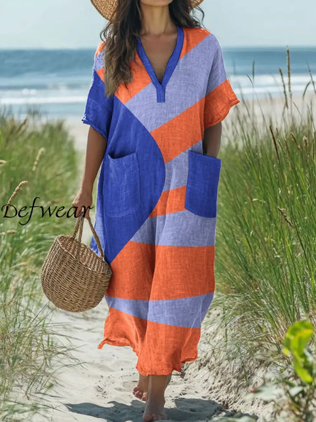 Fashion Modern Geometric Stripe Art Print V Neck Dress As picture / S