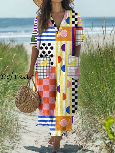 Fashion Modern Geometric Stripe Art Print V Neck Dress As picture / S