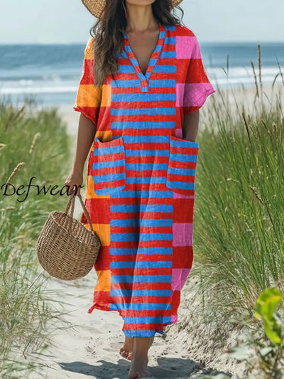 Fashion Modern Geometric Stripe Art Print V Neck Dress As picture / S